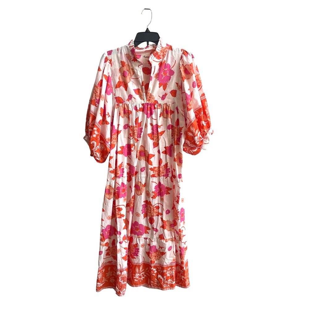Karni Floral Midi Dress Womens Large Orange Pink Boho Cottagecore Balloon Sleeve - Picture 2 of 11